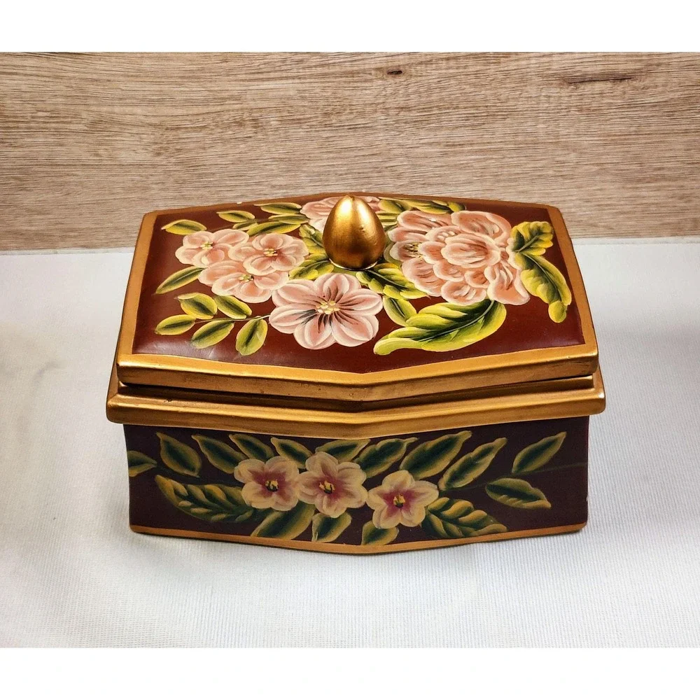 Vintage Hand-Painted Wooden Toleware Trinket Box with Floral Motif Cottagecore